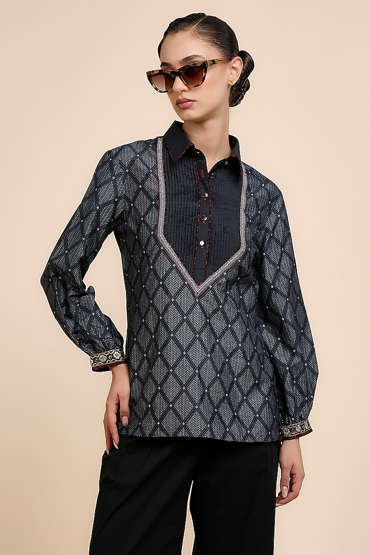 Midnight Blue Art Silk Top by JJV.Kapurthala By JJ Valaya at Pernia's Pop Up Shop