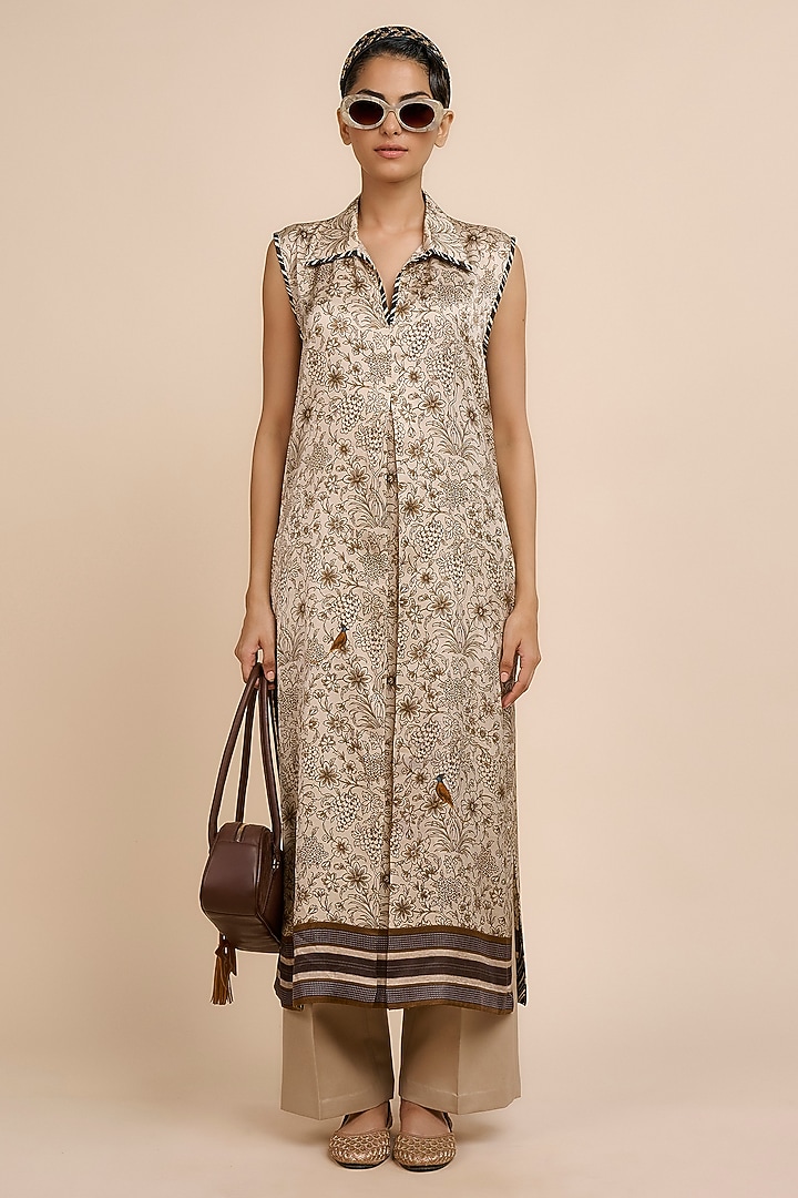 Blush Pink Satin Linen Floral Printed Tunic by JJV.Kapurthala By JJ Valaya at Pernia's Pop Up Shop