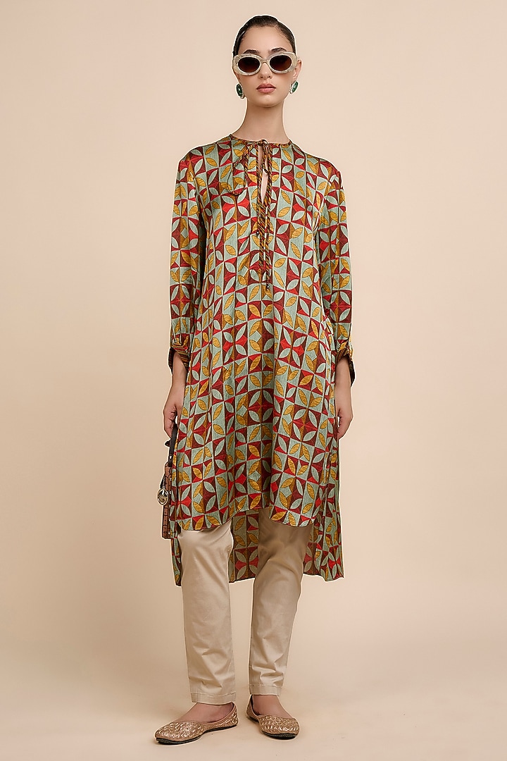 Multi-Colored Satin Linen Geometric Tunic by JJV.Kapurthala By JJ Valaya at Pernia's Pop Up Shop