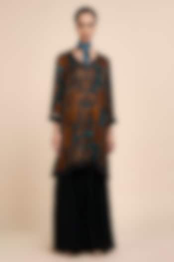 Mocha Brown & Teal Modal Satin Tunic by JJV.Kapurthala By JJ Valaya at Pernia's Pop Up Shop