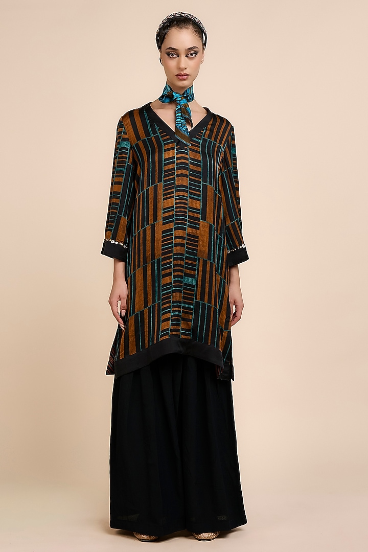 Mocha Brown & Teal Modal Satin Tunic by JJV.Kapurthala By JJ Valaya at Pernia's Pop Up Shop