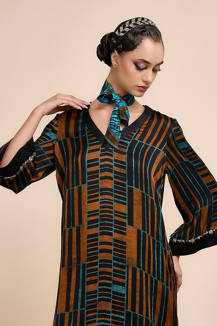 Mocha Brown & Teal Modal Satin Tunic by JJV.Kapurthala By JJ Valaya at Pernia's Pop Up Shop