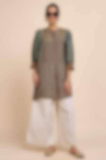 Sage Green Satin Linen Geometric Tunic by JJV.Kapurthala By JJ Valaya at Pernia's Pop Up Shop