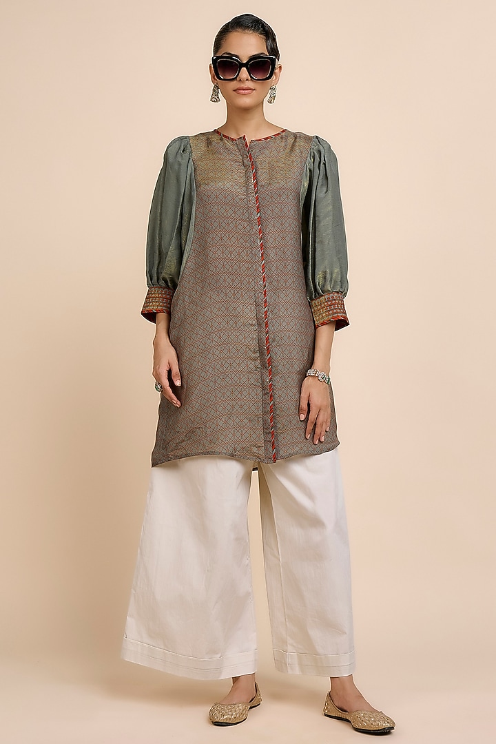 Sage Green Satin Linen Geometric Tunic by JJV.Kapurthala By JJ Valaya at Pernia's Pop Up Shop