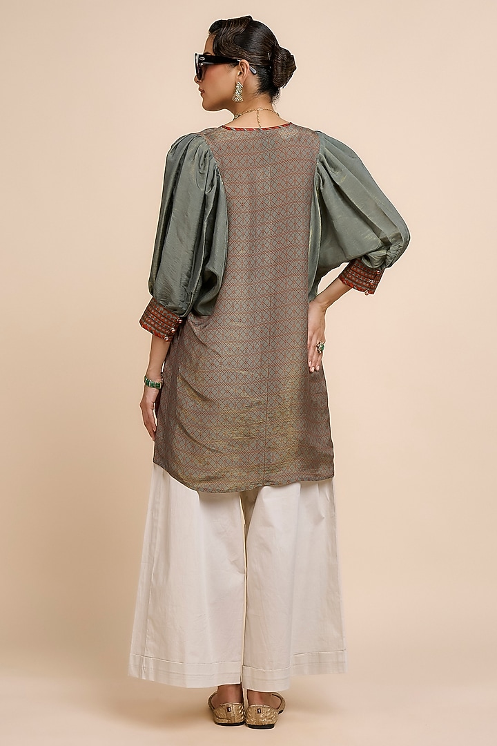 Sage Green Satin Linen Geometric Tunic by JJV.Kapurthala By JJ Valaya at Pernia's Pop Up Shop