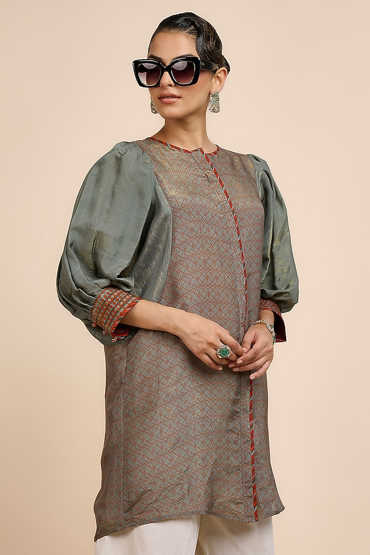 Sage Green Satin Linen Geometric Tunic by JJV.Kapurthala By JJ Valaya at Pernia's Pop Up Shop