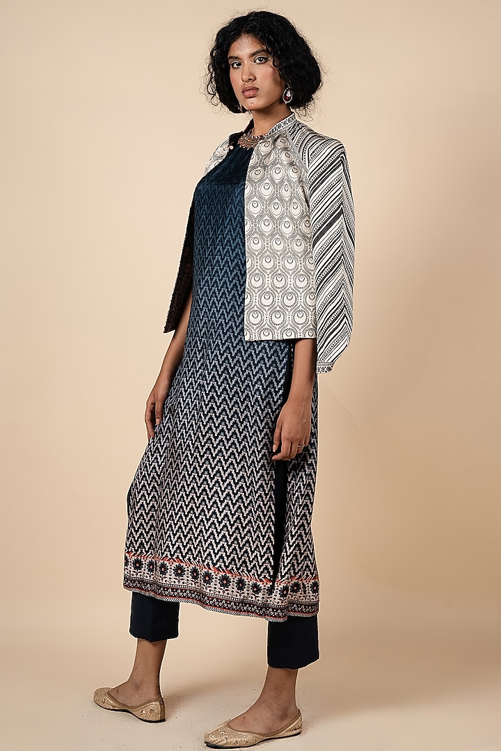 Midnight Blue & Ivory Ombre Satin Linen Geometric Printed Jacket by JJV.Kapurthala By JJ Valaya at Pernia's Pop Up Shop