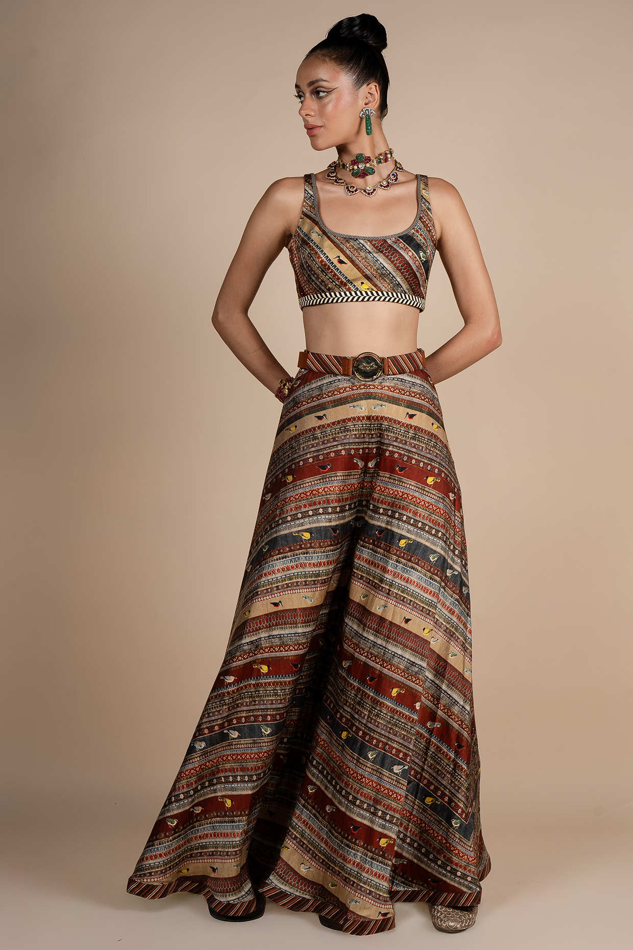 Multi-Colored Bamberg Viscose Satin Geometric Printed Wedding Sharara Set by JJV.Kapurthala By JJ Valaya at Pernia's Pop Up Shop