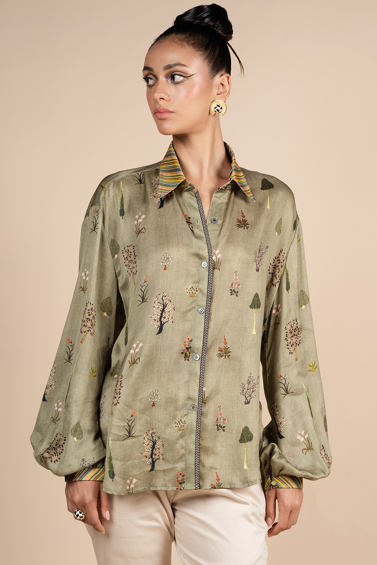 Sage Green Bamberg Viscose Satin Floral Printed Shirt by JJV.Kapurthala By JJ Valaya at Pernia's Pop Up Shop