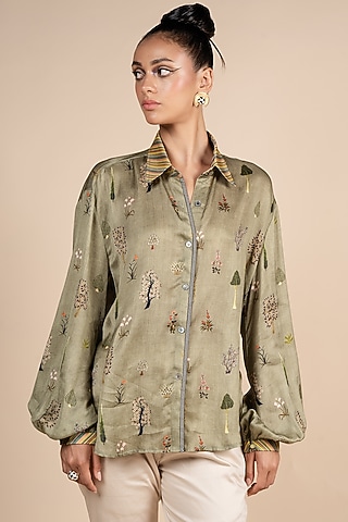 Sage Green Bamberg Viscose Satin Floral Printed Shirt by JJV.Kapurthala By JJ Valaya