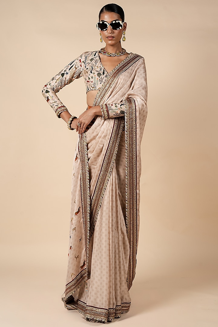 Powder Pink Bamberg Viscose Satin Floral Printed Wedding Saree Set by JJV.Kapurthala By JJ Valaya at Pernia's Pop Up Shop