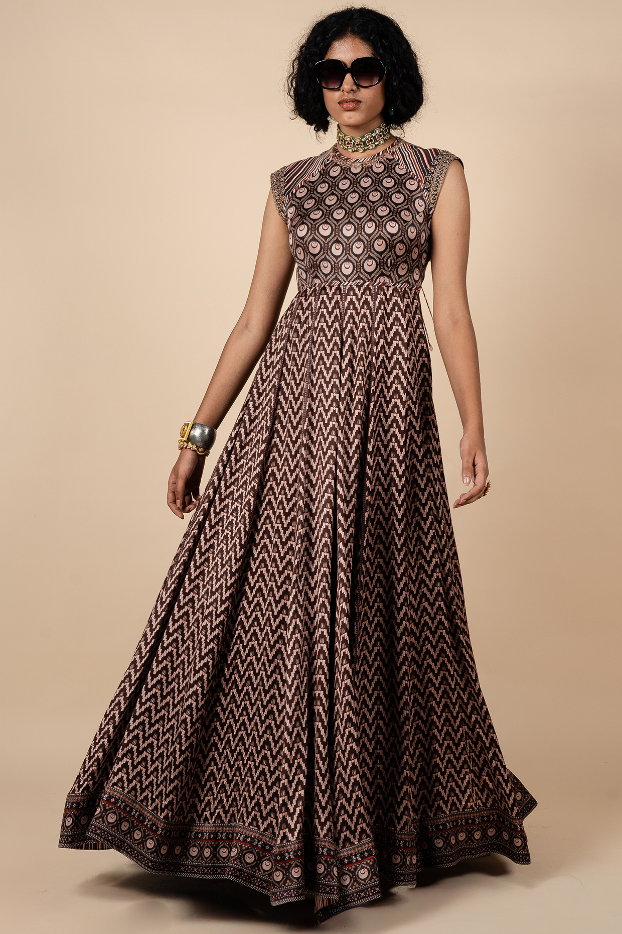 Umber Brown & Nugrey Bamberg Viscose Satin Printed Wedding Anarkali by JJV.Kapurthala By JJ Valaya at Pernia's Pop Up Shop