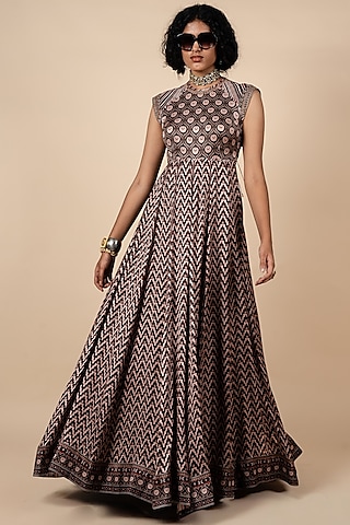 Umber Brown & Nugrey Bamberg Viscose Satin Printed Anarkali by JJV.Kapurthala By JJ Valaya
