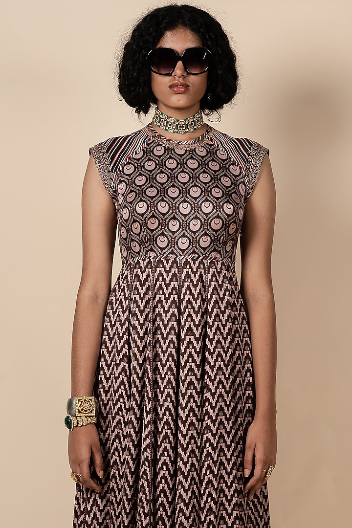 Umber Brown & Nugrey Bamberg Viscose Satin Printed Wedding Anarkali by JJV.Kapurthala By JJ Valaya at Pernia's Pop Up Shop