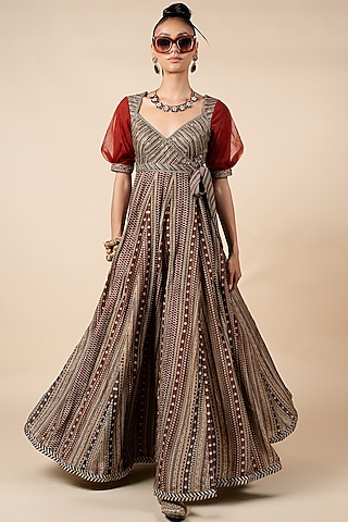 Crimson Red Viscose Striped Anarkali by JJV.Kapurthala By JJ Valaya