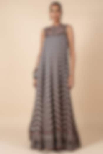 Midnight Blue & Blush Nugrey Satin Linen Geometric Printed Wedding Anarkali by JJV.Kapurthala By JJ Valaya at Pernia's Pop Up Shop