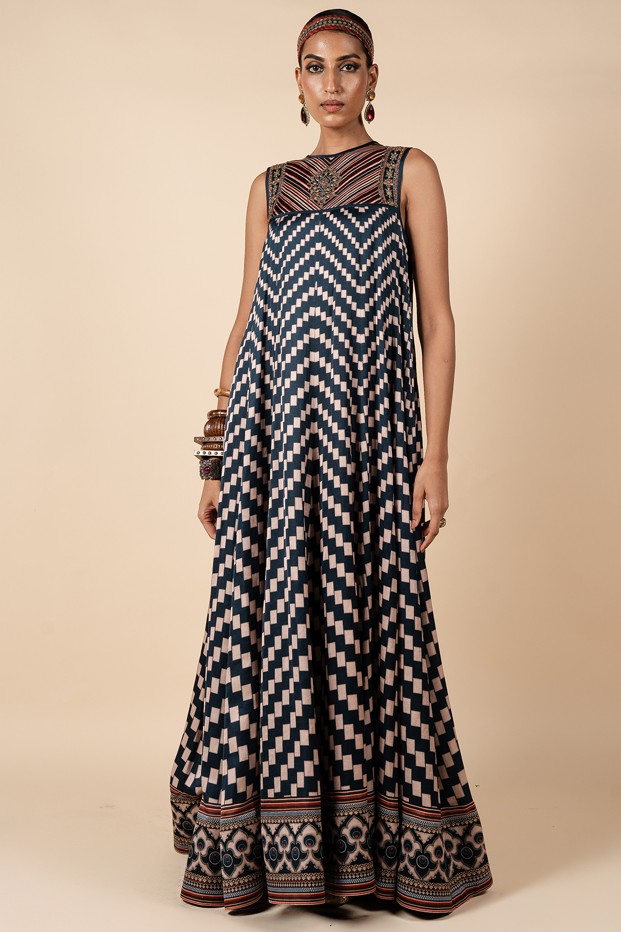 Midnight Blue & Blush Nugrey Satin Linen Geometric Printed Wedding Anarkali by JJV.Kapurthala By JJ Valaya at Pernia's Pop Up Shop