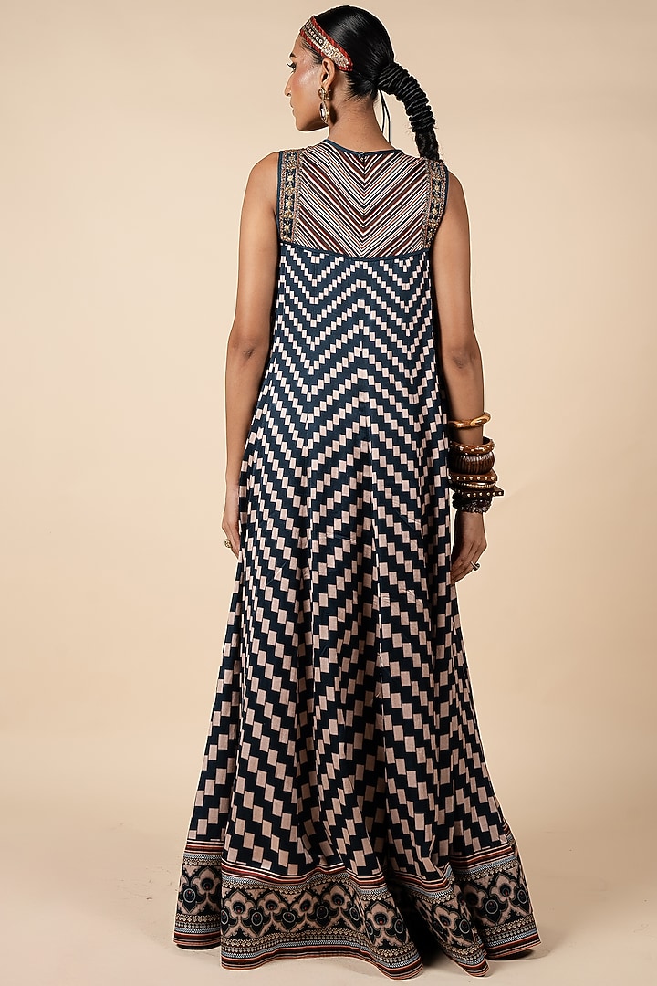 Midnight Blue & Blush Nugrey Satin Linen Geometric Printed Wedding Anarkali by JJV.Kapurthala By JJ Valaya at Pernia's Pop Up Shop