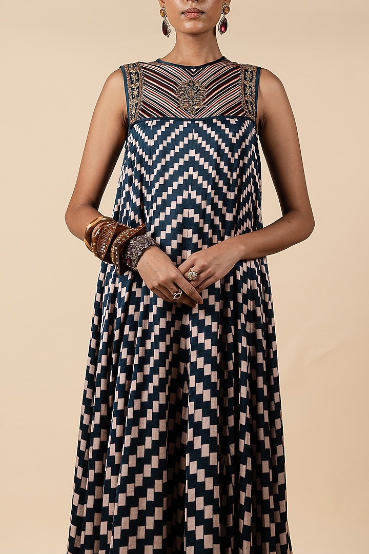 Midnight Blue & Blush Nugrey Satin Linen Geometric Printed Wedding Anarkali by JJV.Kapurthala By JJ Valaya at Pernia's Pop Up Shop