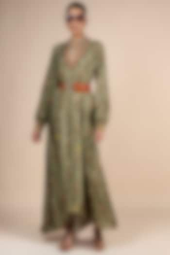 Sage Green Dola Silk Floral Printed Anarkali by JJV.Kapurthala By JJ Valaya at Pernia's Pop Up Shop