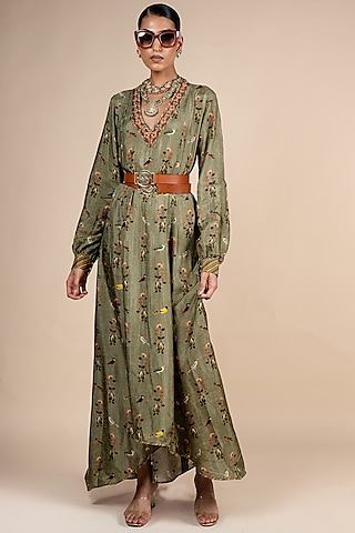 Sage Green Dola Silk Floral Printed Anarkali by JJV.Kapurthala By JJ Valaya