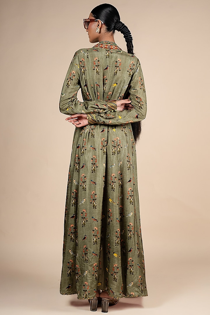 Sage Green Dola Silk Floral Printed Wedding Anarkali by JJV.Kapurthala By JJ Valaya at Pernia's Pop Up Shop