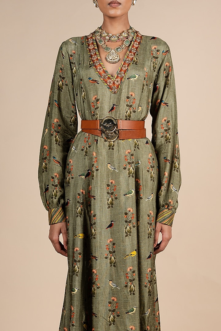 Sage Green Dola Silk Floral Printed Wedding Anarkali by JJV.Kapurthala By JJ Valaya at Pernia's Pop Up Shop