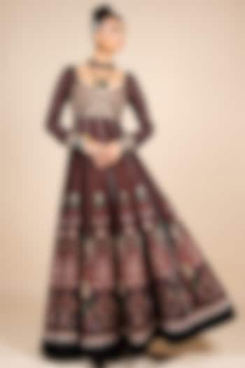 Black Satin Linen Floral Printed Wedding Anarkali by JJV.Kapurthala By JJ Valaya at Pernia's Pop Up Shop