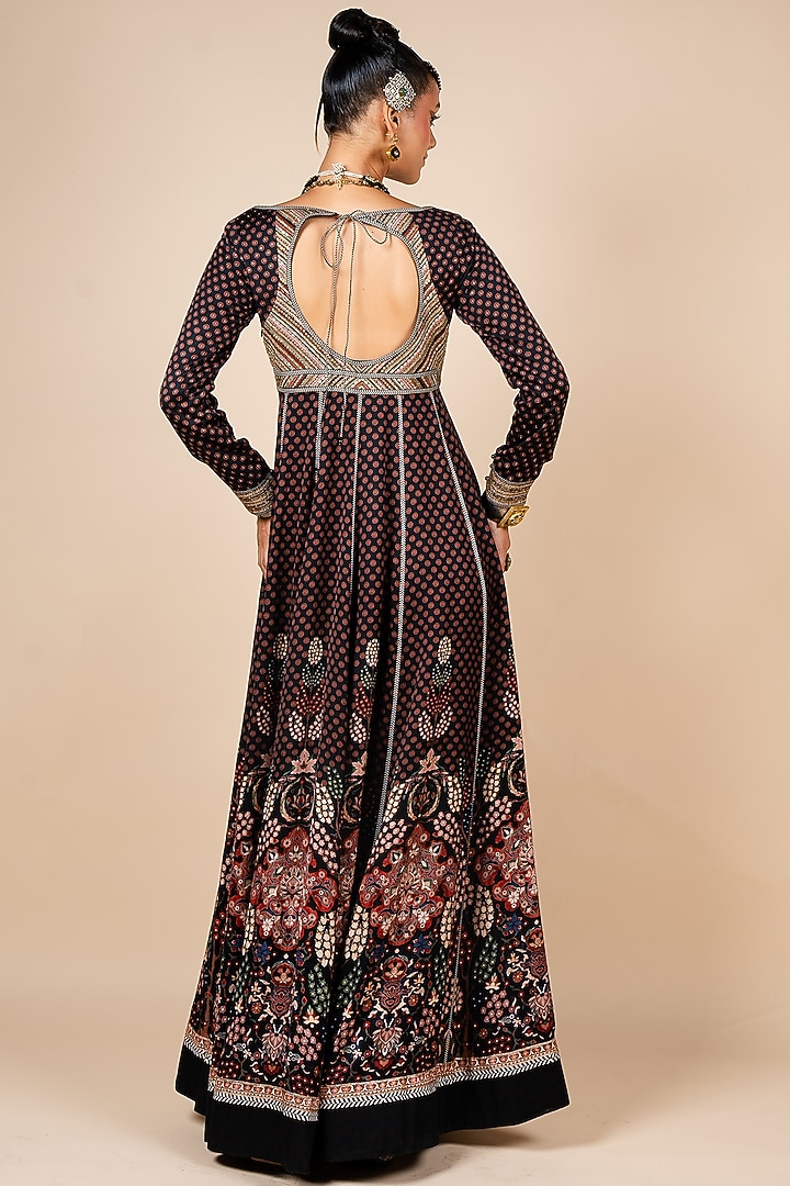 Black Satin Linen Floral Printed Wedding Anarkali by JJV.Kapurthala By JJ Valaya at Pernia's Pop Up Shop