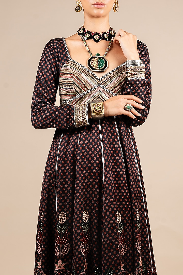 Black Satin Linen Floral Printed Wedding Anarkali by JJV.Kapurthala By JJ Valaya at Pernia's Pop Up Shop