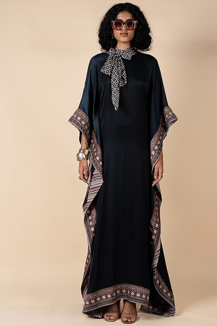 Midnight Blue Bamberg Viscose Satin Geometric Printed Kaftan by JJV.Kapurthala By JJ Valaya at Pernia's Pop Up Shop