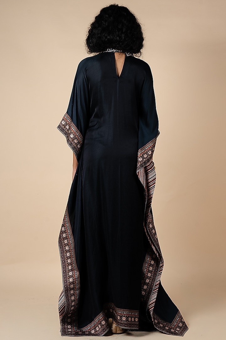 Midnight Blue Bamberg Viscose Satin Geometric Printed Kaftan by JJV.Kapurthala By JJ Valaya at Pernia's Pop Up Shop