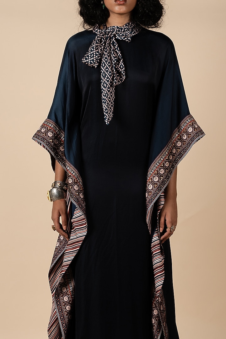 Midnight Blue Bamberg Viscose Satin Geometric Printed Kaftan by JJV.Kapurthala By JJ Valaya at Pernia's Pop Up Shop