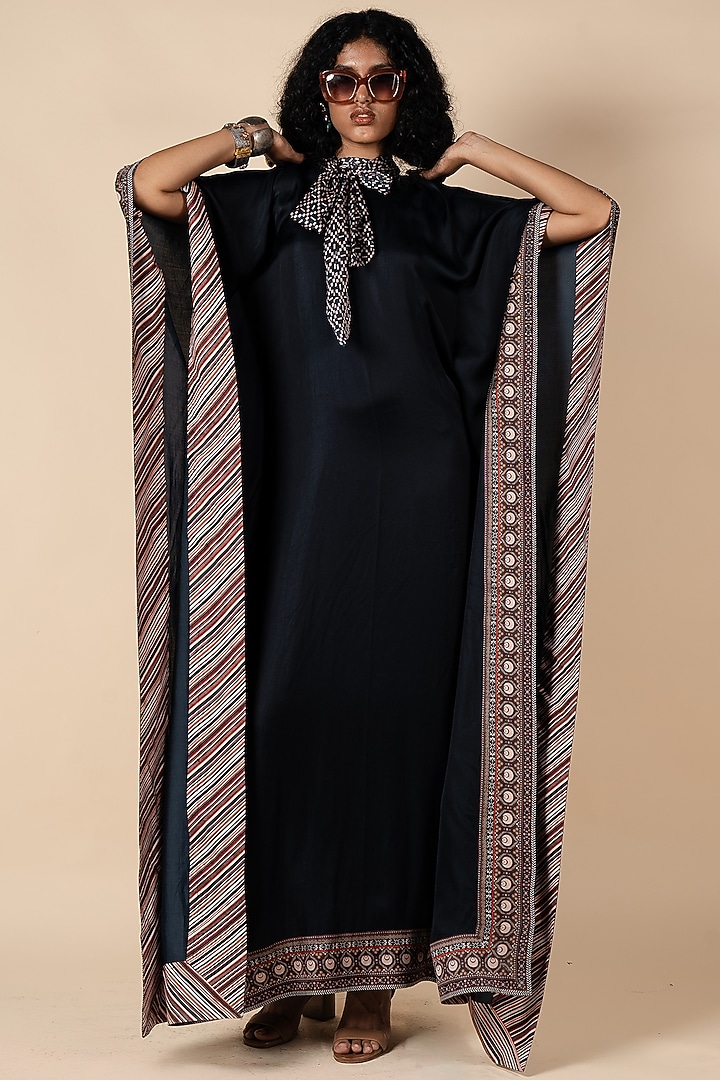 Midnight Blue Bamberg Viscose Satin Geometric Printed Kaftan by JJV.Kapurthala By JJ Valaya at Pernia's Pop Up Shop