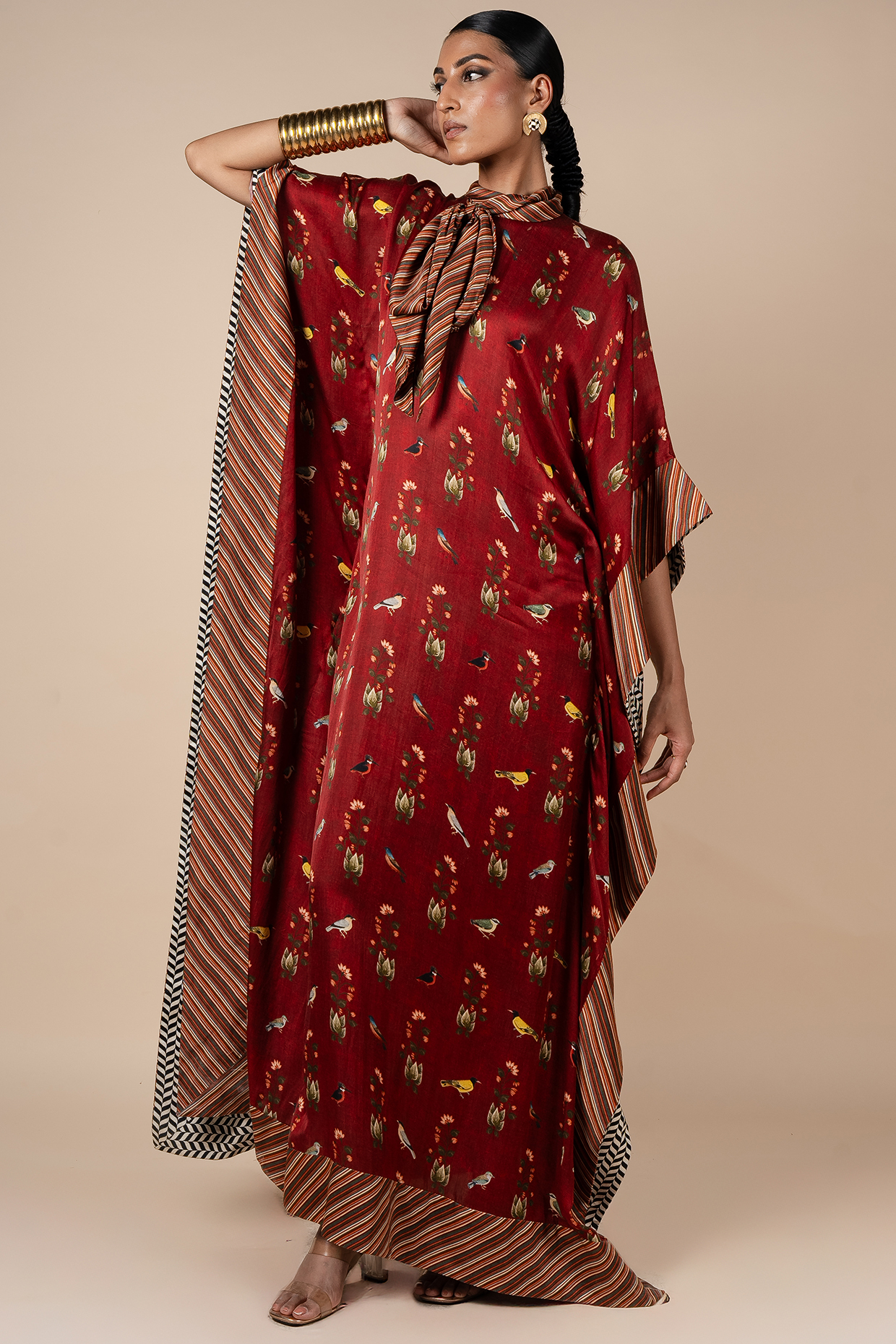 Crimson Red Bamberg Viscose Satin Fauna Printed Kaftan by JJV.Kapurthala By JJ Valaya at Pernia's Pop Up Shop