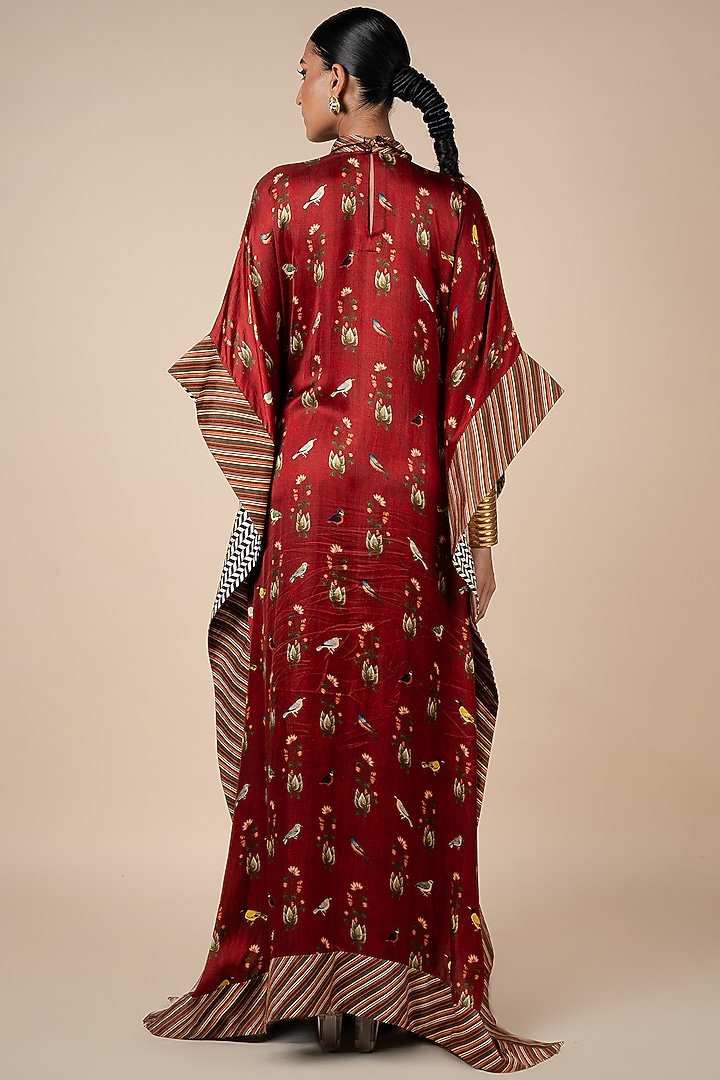 Crimson Red Bamberg Viscose Satin Fauna Printed Kaftan by JJV.Kapurthala By JJ Valaya at Pernia's Pop Up Shop