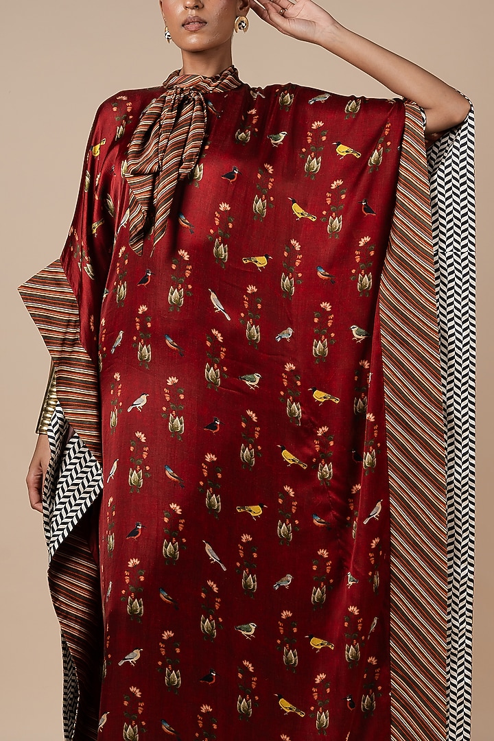 Crimson Red Bamberg Viscose Satin Fauna Printed Kaftan by JJV.Kapurthala By JJ Valaya at Pernia's Pop Up Shop