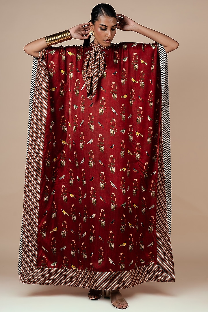 Crimson Red Bamberg Viscose Satin Fauna Printed Kaftan by JJV.Kapurthala By JJ Valaya at Pernia's Pop Up Shop