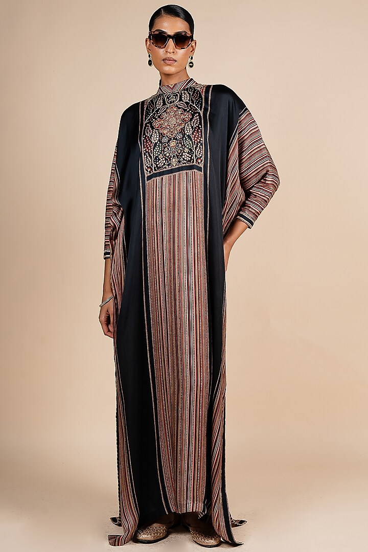 Midnight Blue & Multi-Colored Bamberg Viscose Satin Striped Kaftan by JJV.Kapurthala By JJ Valaya at Pernia's Pop Up Shop