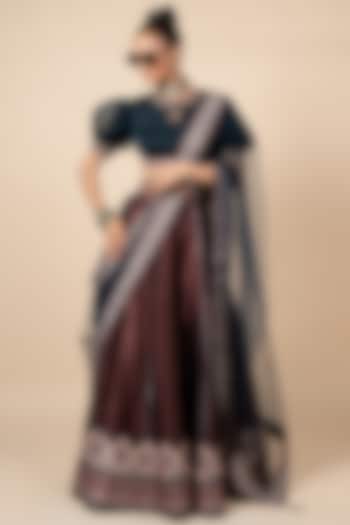 Rust Dupion Geometric Deco Printed Wedding Lehenga Set by JJV.Kapurthala By JJ Valaya at Pernia's Pop Up Shop