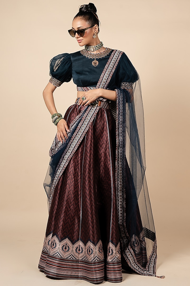 Rust Dupion Geometric Deco Printed Wedding Lehenga Set by JJV.Kapurthala By JJ Valaya at Pernia's Pop Up Shop