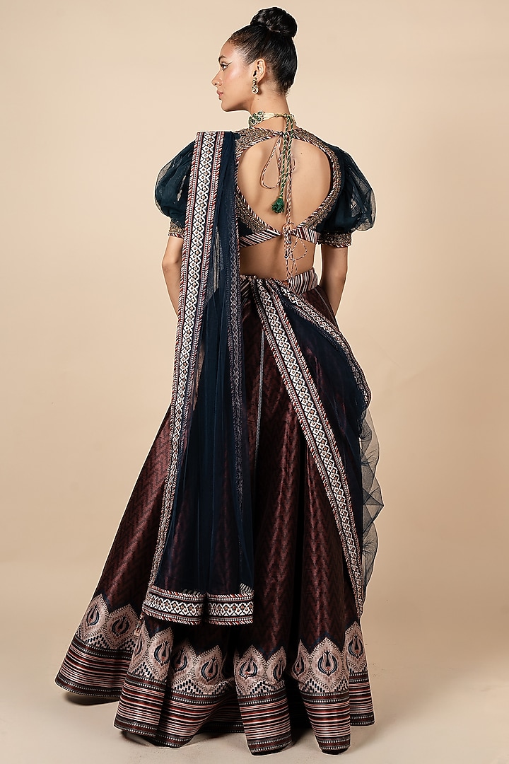 Rust Dupion Geometric Deco Printed Wedding Lehenga Set by JJV.Kapurthala By JJ Valaya at Pernia's Pop Up Shop
