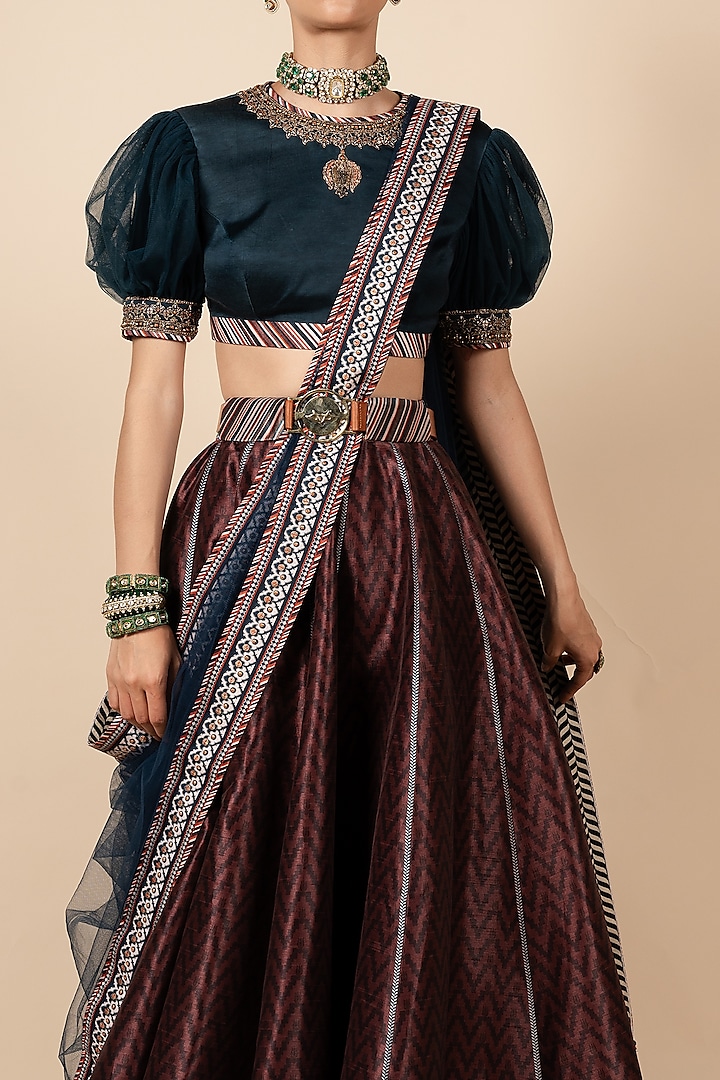 Rust Dupion Geometric Deco Printed Wedding Lehenga Set by JJV.Kapurthala By JJ Valaya at Pernia's Pop Up Shop
