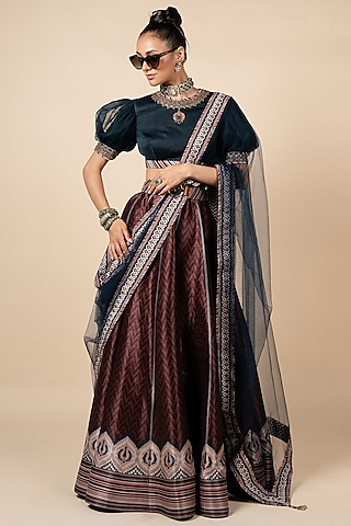 Persian Blue Tulle Printed & Embroidered Stole by JJV.Kapurthala By JJ Valaya