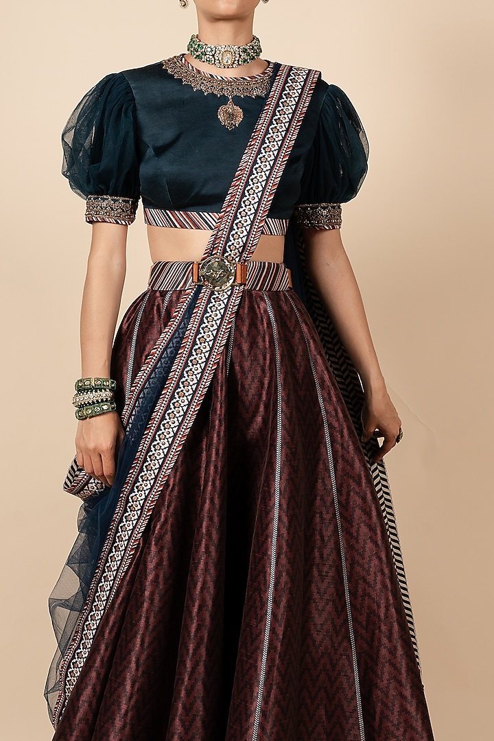 Persian Blue Tulle Printed & Embroidered Stole by JJV.Kapurthala By JJ Valaya at Pernia's Pop Up Shop