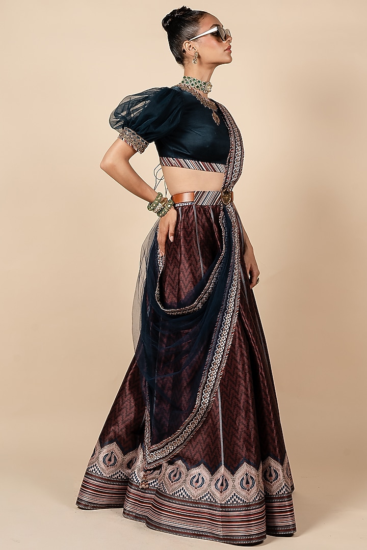 Persian Blue Tulle Printed & Embroidered Stole by JJV.Kapurthala By JJ Valaya at Pernia's Pop Up Shop