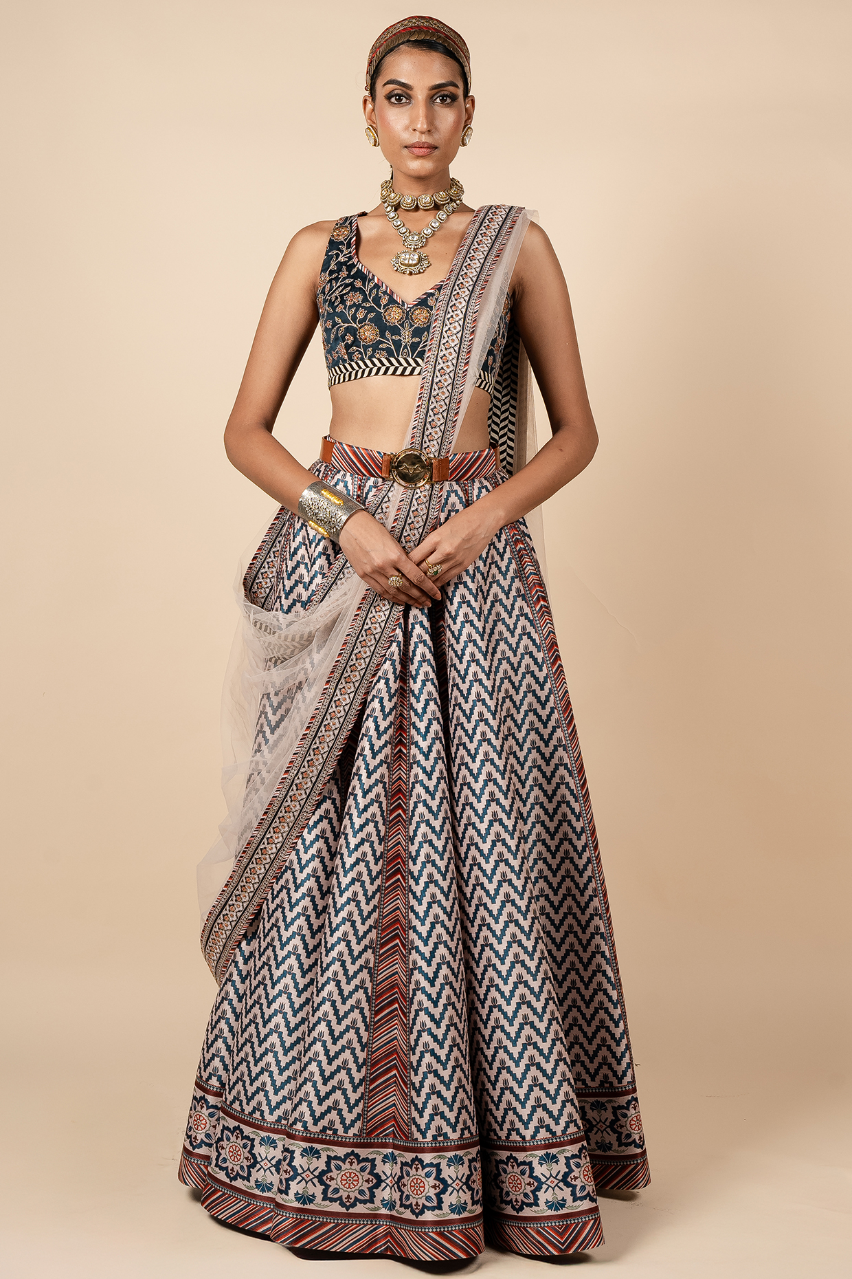 Blush Nugrey Dupion Geometric Deco Printed  dulhan bday 22 may Lehenga Set by JJV.Kapurthala By JJ Valaya at Pernia's Pop Up Shop