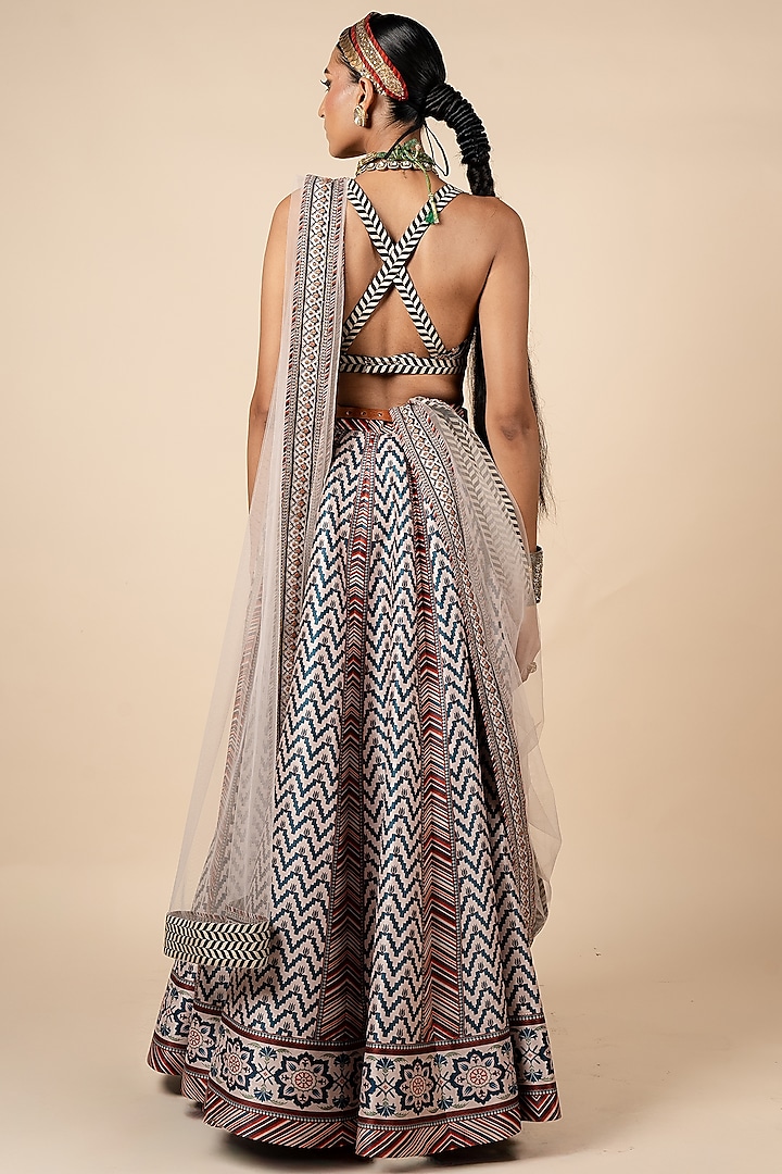 Blush Nugrey Dupion Geometric Deco Printed Wedding Lehenga Set by JJV.Kapurthala By JJ Valaya at Pernia's Pop Up Shop