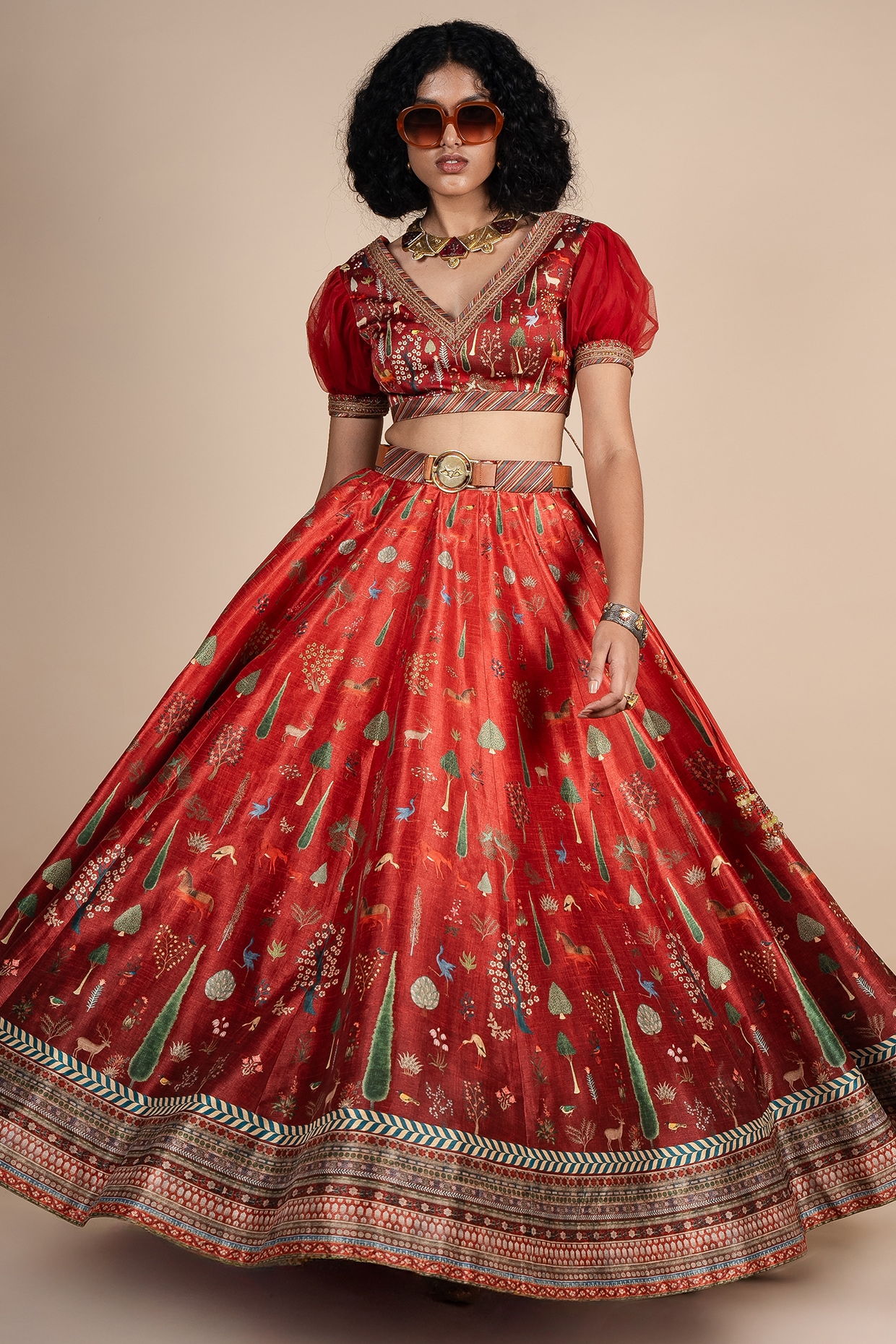 JJV.Kapurthala By JJ Valaya Crimson Red Ombre Dupion Floral Printed Lehenga Set