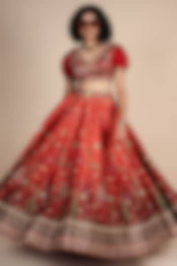 Crimson Red Ombre Dupion Floral Printed  dulhan bday 22 may Lehenga Set by JJV.Kapurthala By JJ Valaya at Pernia's Pop Up Shop